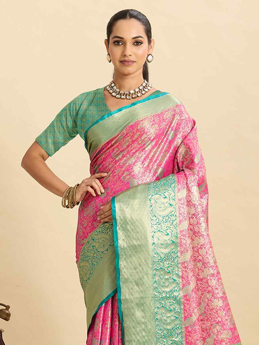 Pink Kanjivaram Silk Zari Handwoven Bridal Reception Festival Wedding Fancy Heavy Border Saree