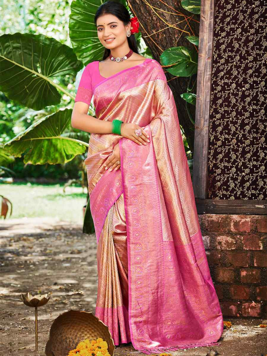 Pink Kanjivaram Soft Silk Handwoven Traditional Bridal Reception Festival Wedding Fancy Heavy Border Saree
