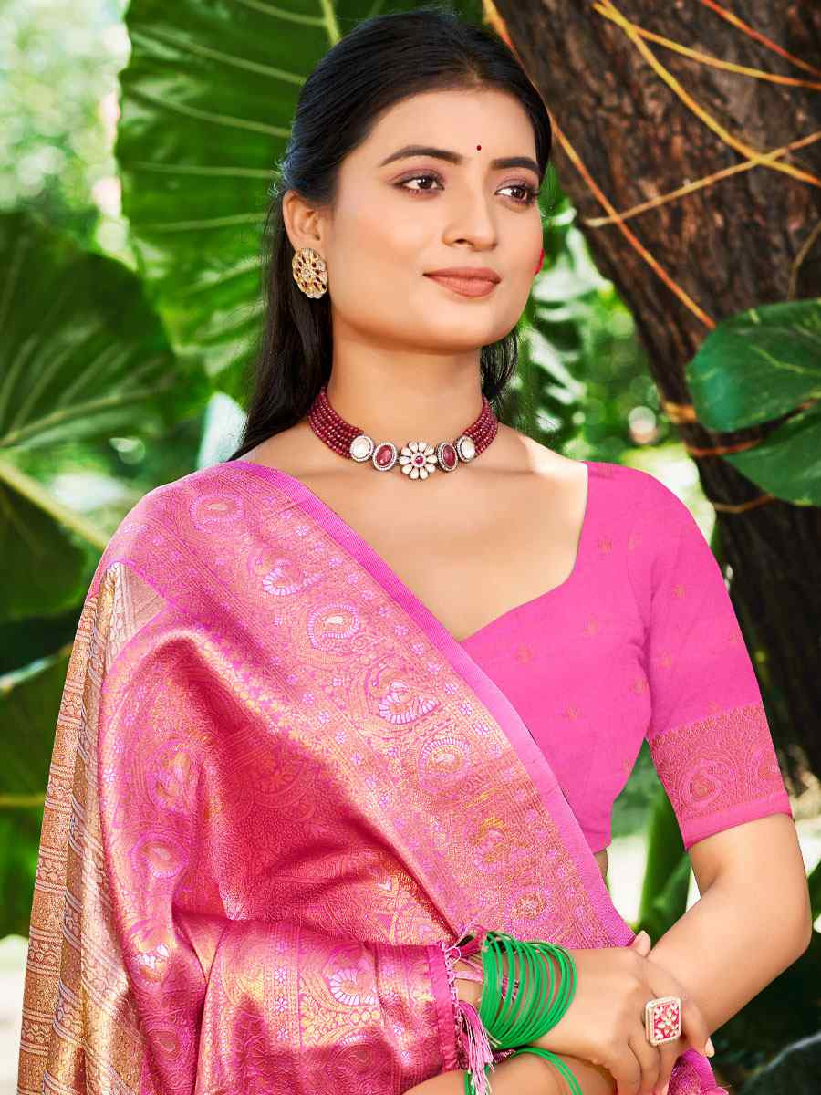 Pink Kanjivaram Soft Silk Handwoven Traditional Bridal Reception Festival Wedding Fancy Heavy Border Saree