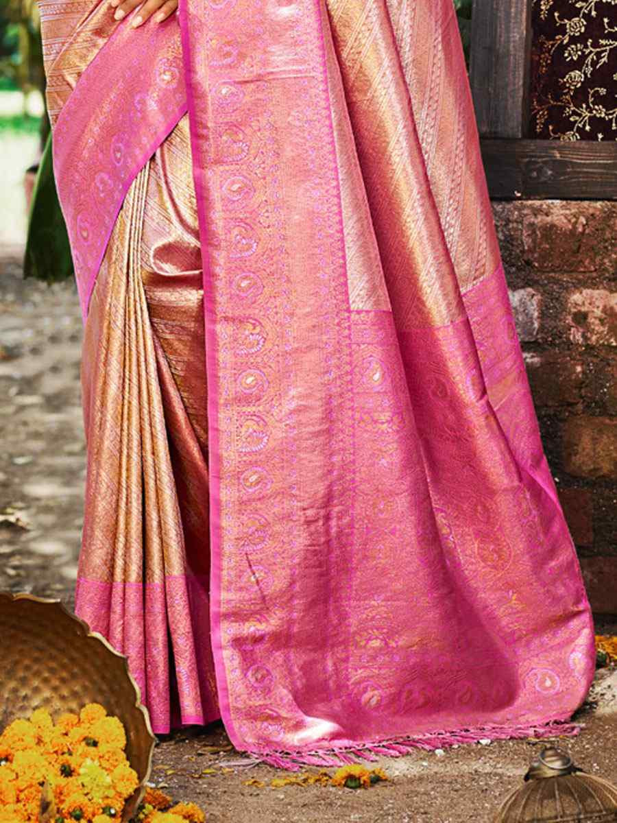 Pink Kanjivaram Soft Silk Handwoven Traditional Bridal Reception Festival Wedding Fancy Heavy Border Saree