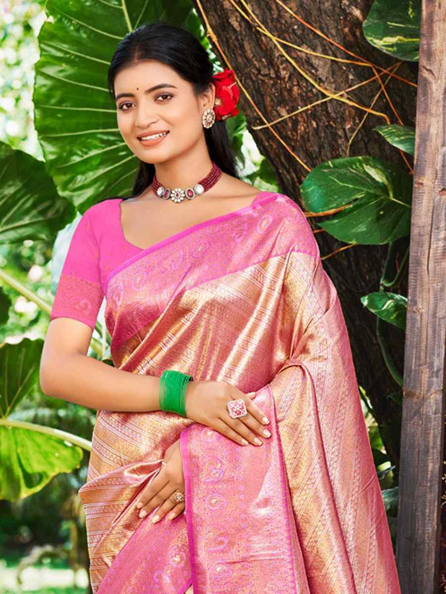 Pink Kanjivaram Soft Silk Handwoven Traditional Bridal Reception Festival Wedding Fancy Heavy Border Saree