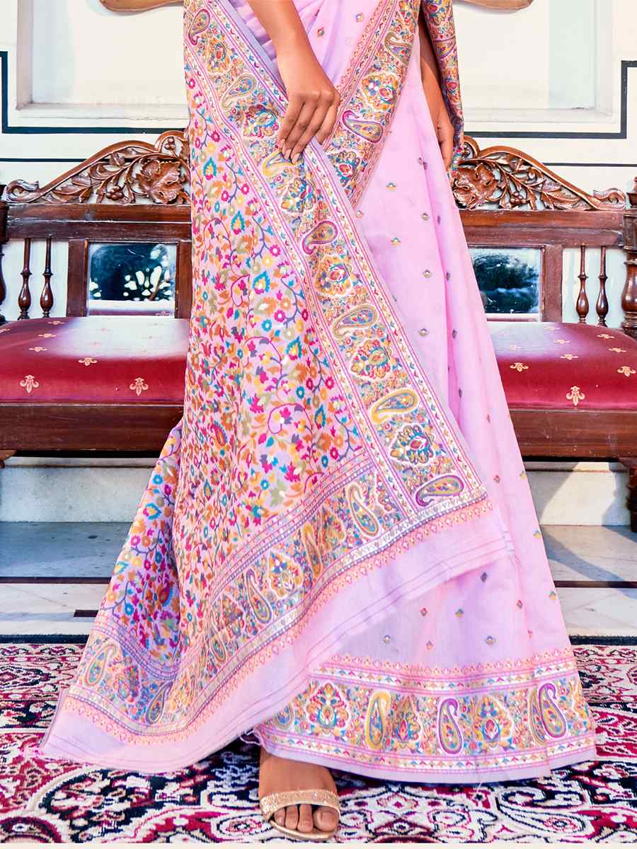 Pink Kashmiri Silk Handwoven Wedding Festival Heavy Border Saree