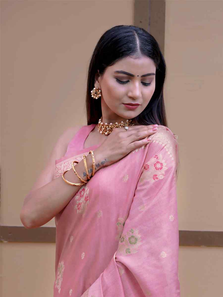 Pink Katan Silk Handwoven Wedding Festival Heavy Border Saree