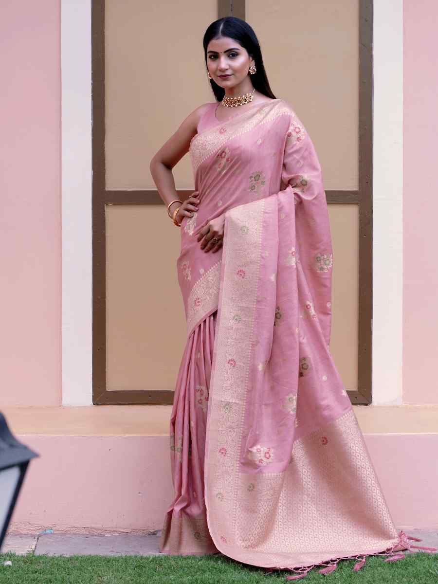 Pink Katan Silk Handwoven Wedding Festival Heavy Border Saree