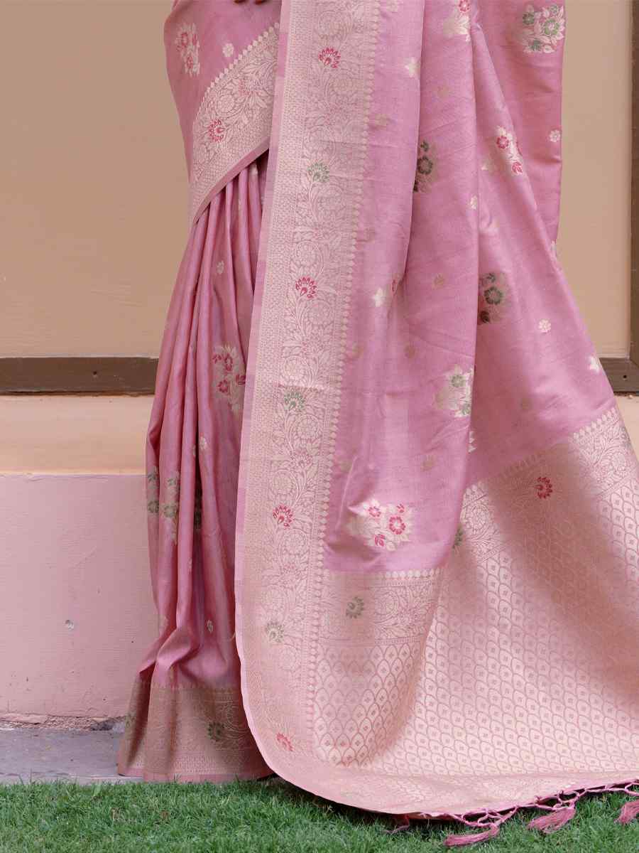 Pink Katan Silk Handwoven Wedding Festival Heavy Border Saree