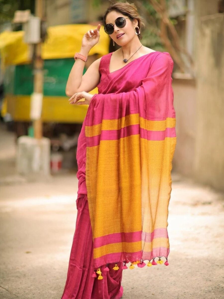 Pink Khadi Khadi Cotton Plain Reception Party Casual Classic Style Sarees