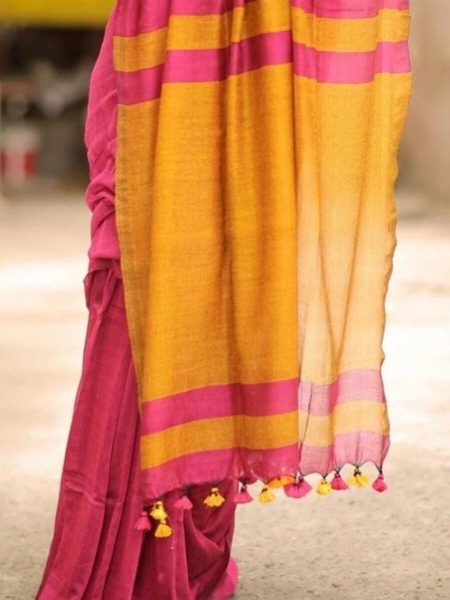 Pink Khadi Khadi Cotton Plain Reception Party Casual Classic Style Sarees