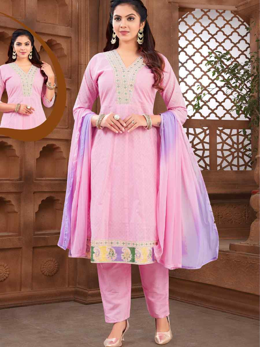 Pink khadi Cotton Embroidery Party Wedding Festival Casual Ready Pant Salwar Kameez
