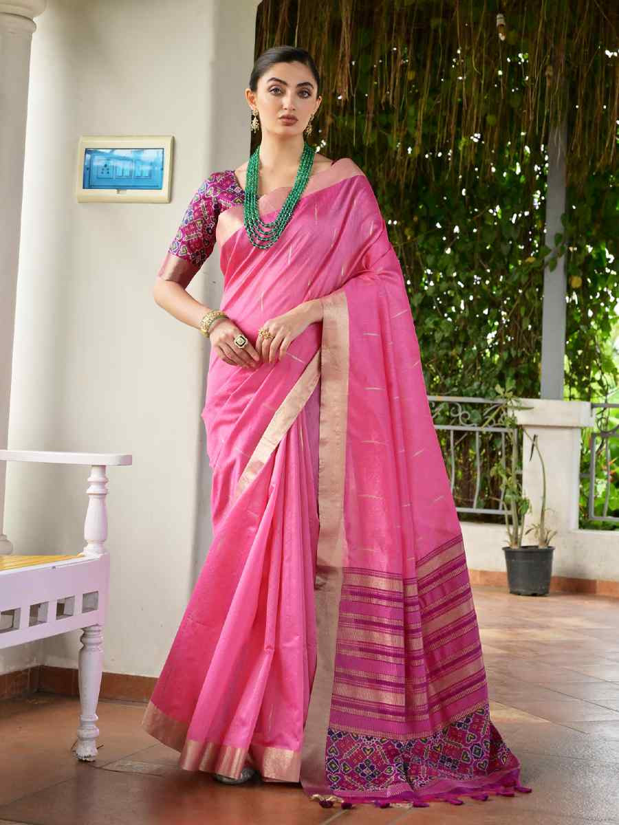 Pink Khadi Raw Silk Handwoven Casual Reception Festival Wedding Fancy Classic Style Sarees