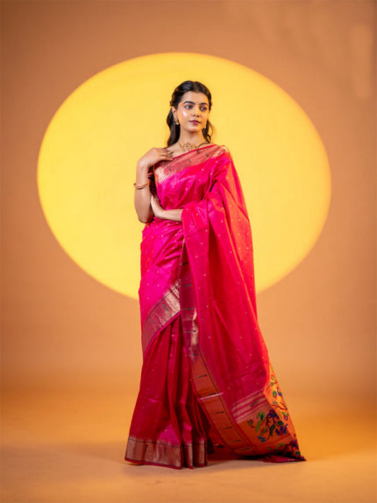 Image of Pink Khadi Silk Handwoven Wedding Reception Party Festival Casual Heavy Border Sarees