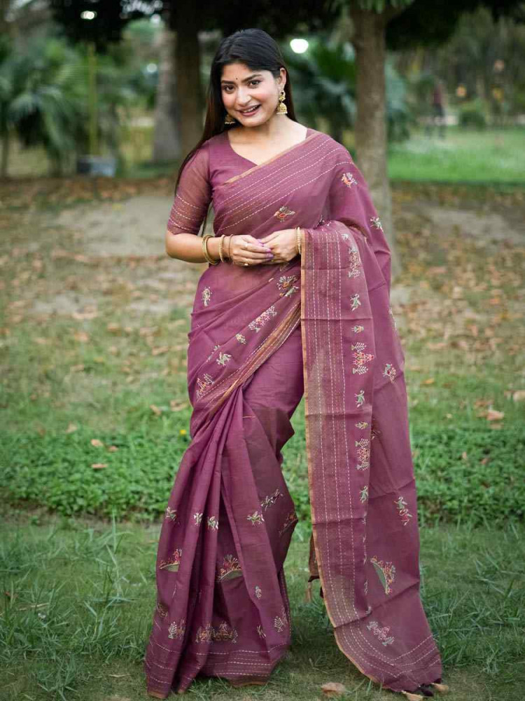 Image of Pink Khadi Tussar Silk Embroidery Festival Wedding Fancy Heavy Border Saree