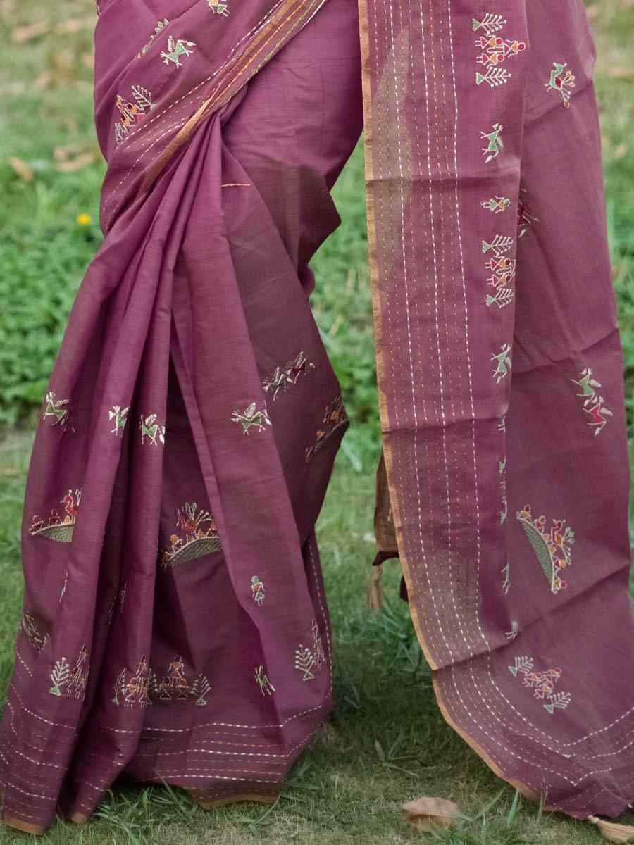Pink Khadi Tussar Silk Embroidery Festival Wedding Fancy Heavy Border Saree