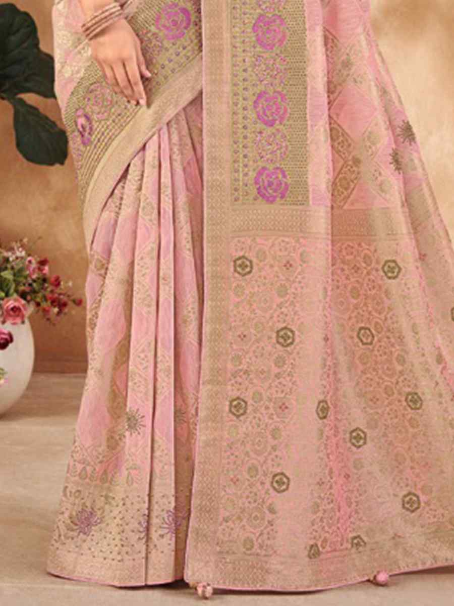 Pink Kora Silk Handwoven Wedding Festival Heavy Border Saree