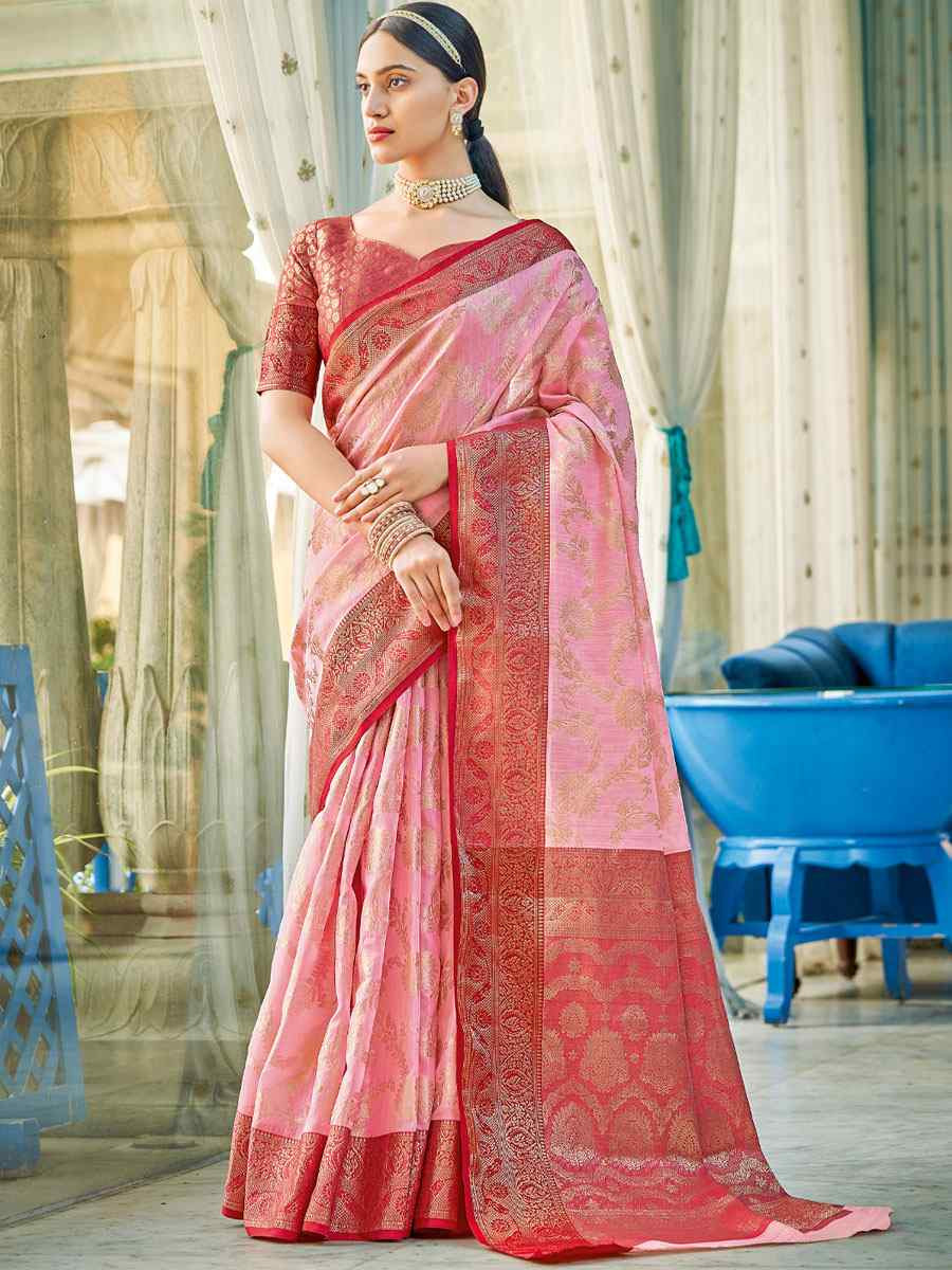 Pink Linen Cotton Handwoven Casual Festival Party Classic Style Sarees