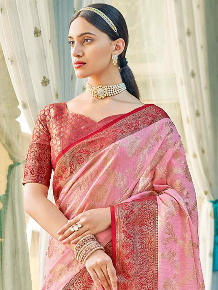 Pink Linen Cotton Handwoven Casual Festival Party Classic Style Sarees