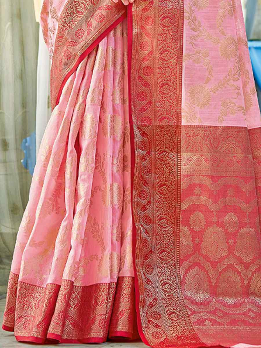 Pink Linen Cotton Handwoven Casual Festival Party Classic Style Sarees