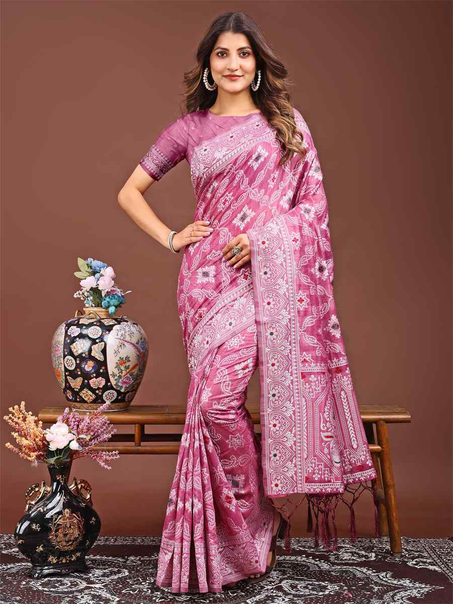 Pink Linen Cotton Handwoven Festival Wedding Fancy Heavy Border Saree