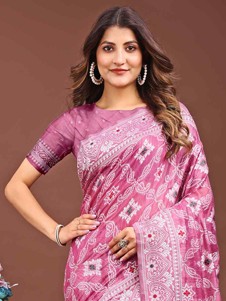 Pink Linen Cotton Handwoven Festival Wedding Fancy Heavy Border Saree