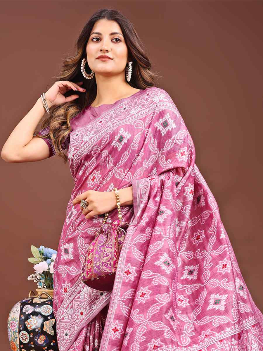 Pink Linen Cotton Handwoven Festival Wedding Fancy Heavy Border Saree