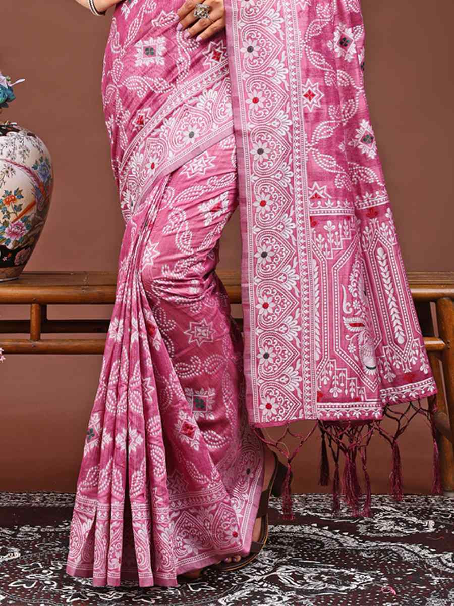 Pink Linen Cotton Handwoven Festival Wedding Fancy Heavy Border Saree