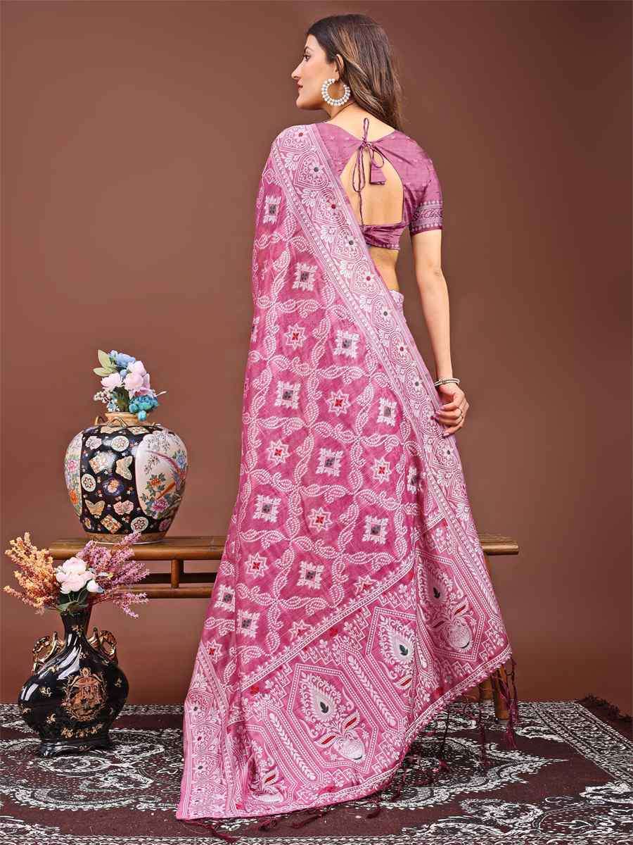 Pink Linen Cotton Handwoven Festival Wedding Fancy Heavy Border Saree