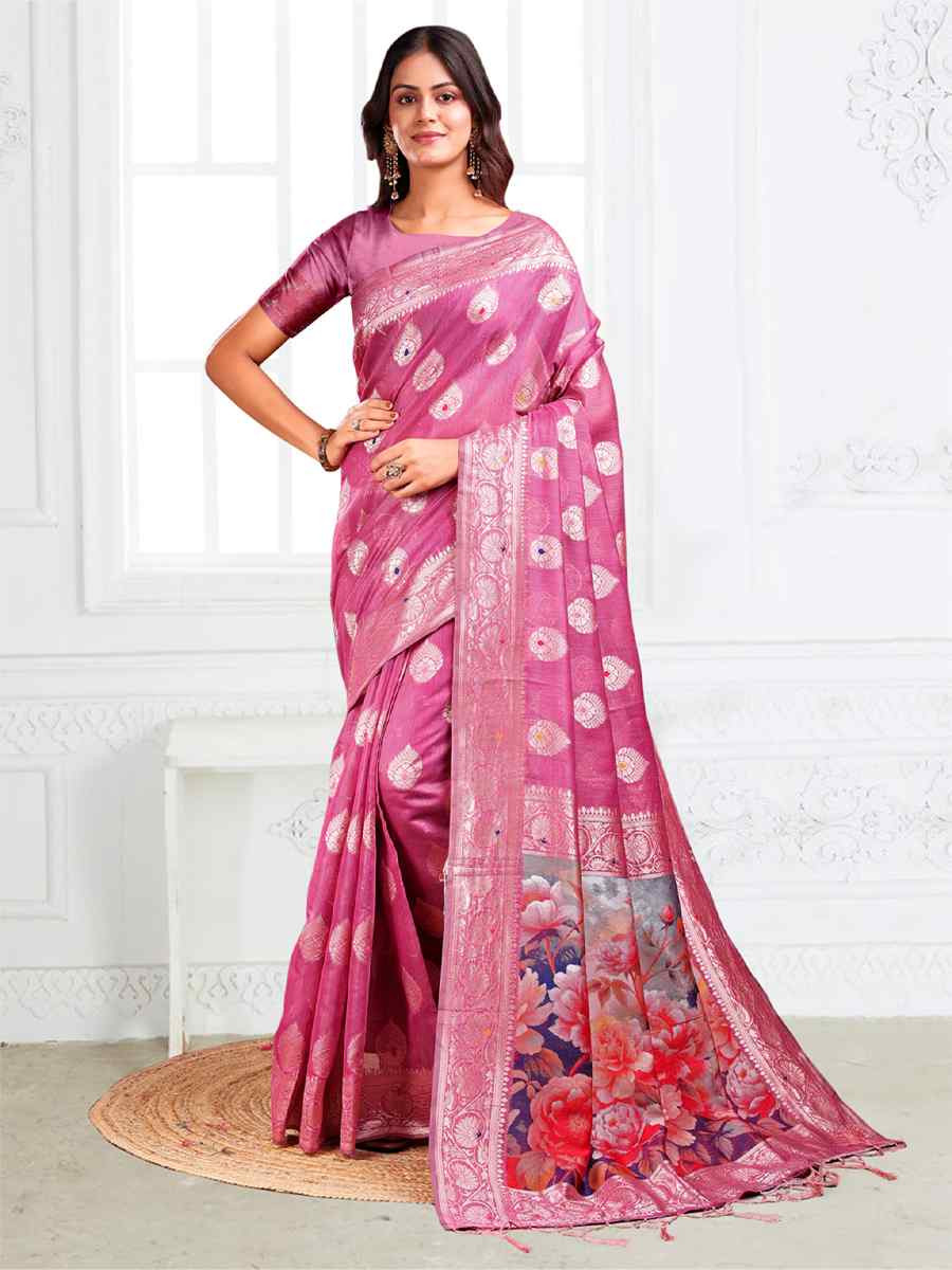 Pink Linen Cotton Handwoven Festival Wedding Fancy Heavy Border Saree