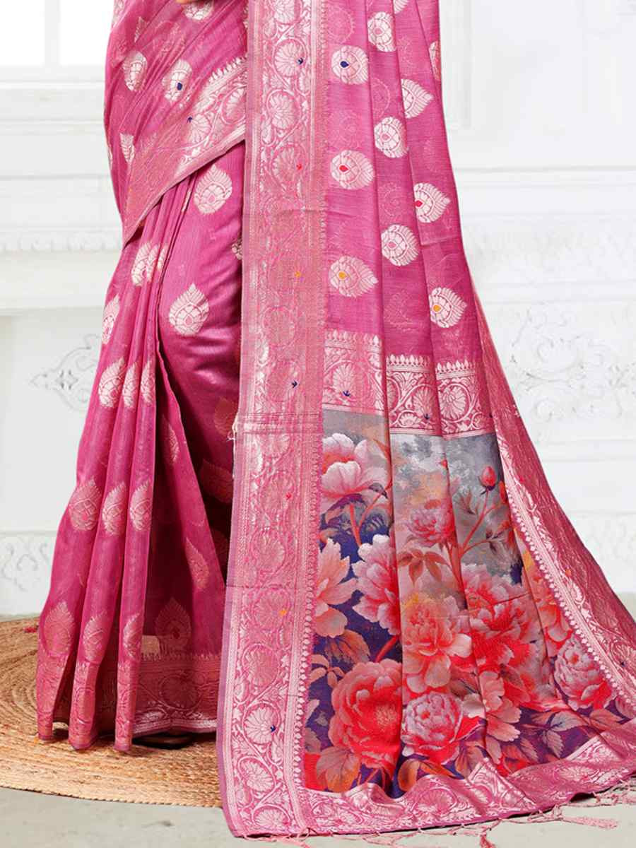 Pink Linen Cotton Handwoven Festival Wedding Fancy Heavy Border Saree