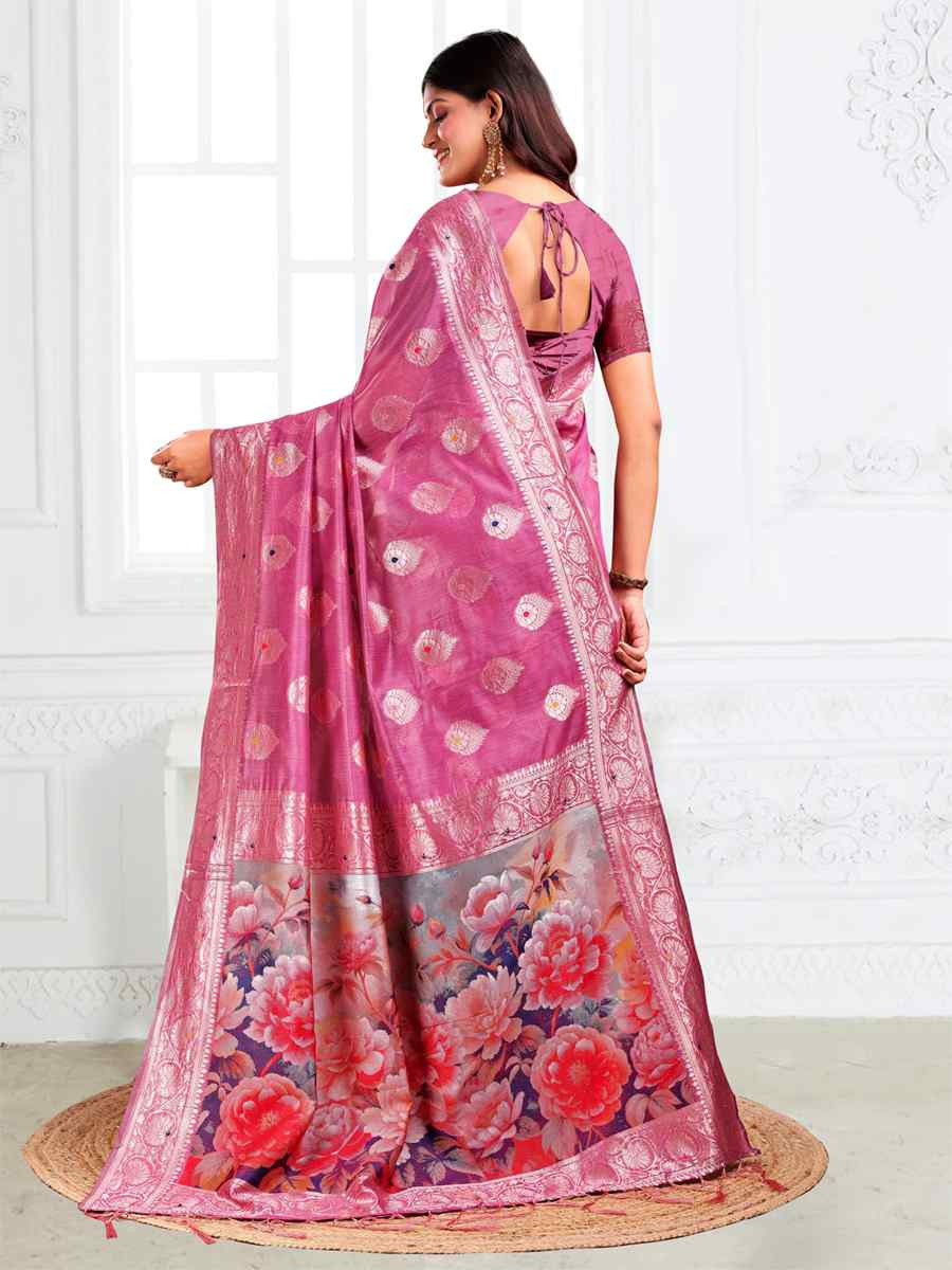 Pink Linen Cotton Handwoven Festival Wedding Fancy Heavy Border Saree