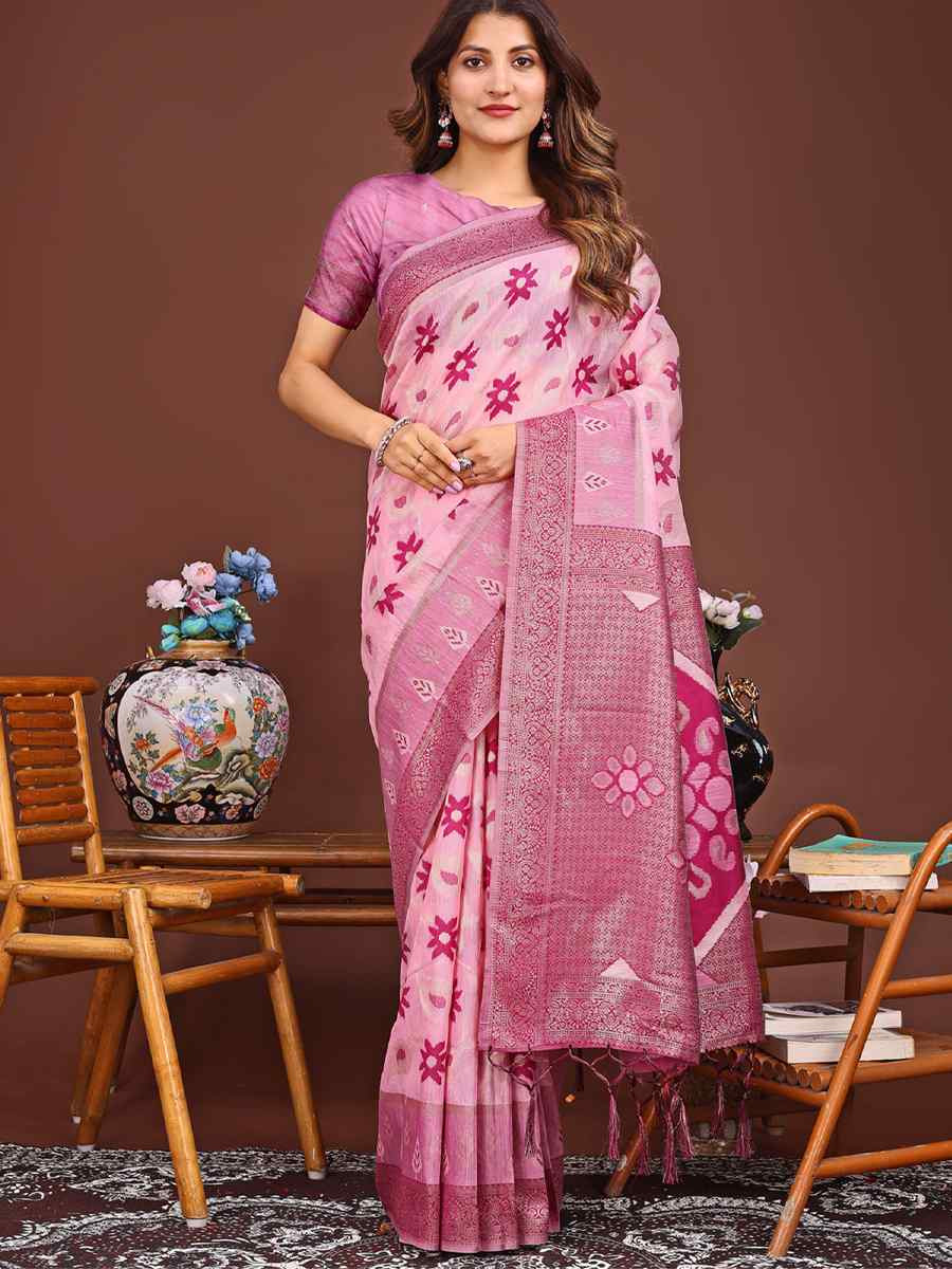 Pink Linen Cotton Handwoven Festival Wedding Fancy Heavy Border Saree