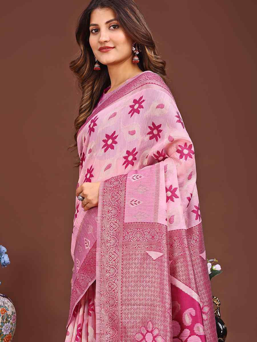Pink Linen Cotton Handwoven Festival Wedding Fancy Heavy Border Saree