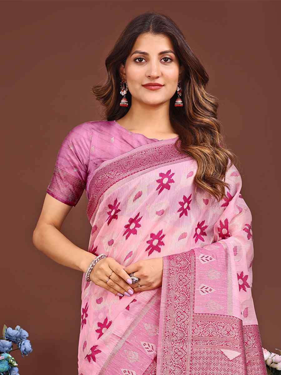 Pink Linen Cotton Handwoven Festival Wedding Fancy Heavy Border Saree