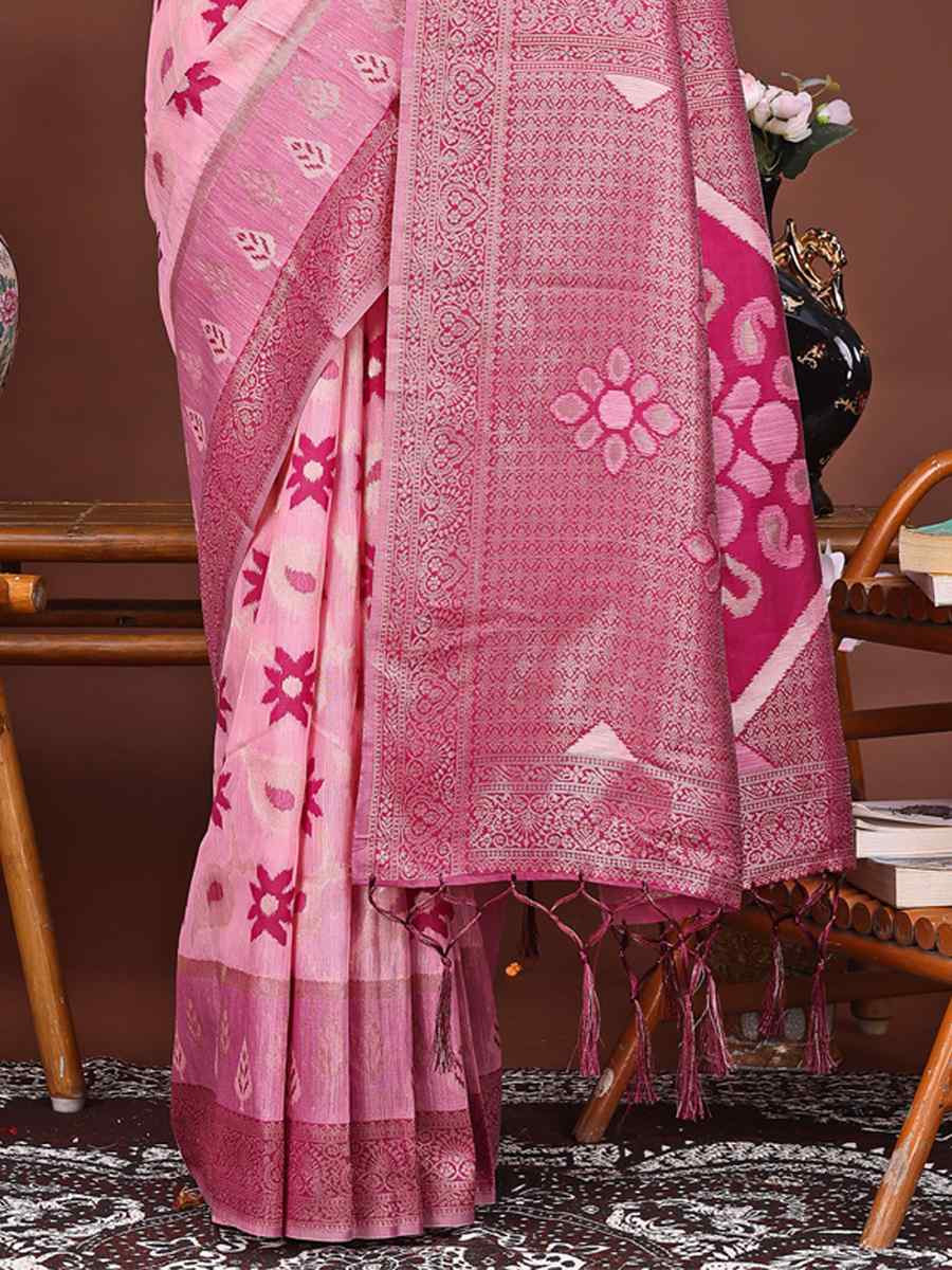 Pink Linen Cotton Handwoven Festival Wedding Fancy Heavy Border Saree