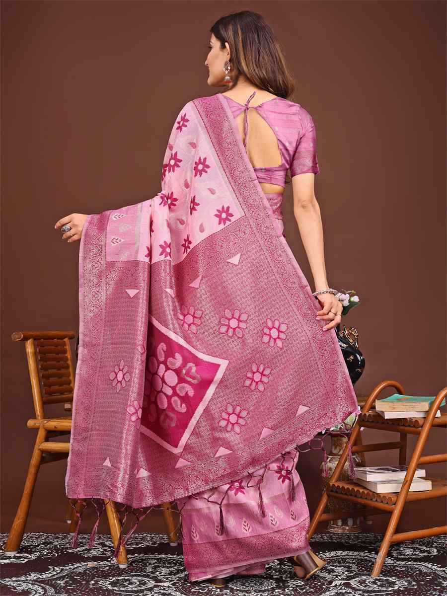 Pink Linen Cotton Handwoven Festival Wedding Fancy Heavy Border Saree