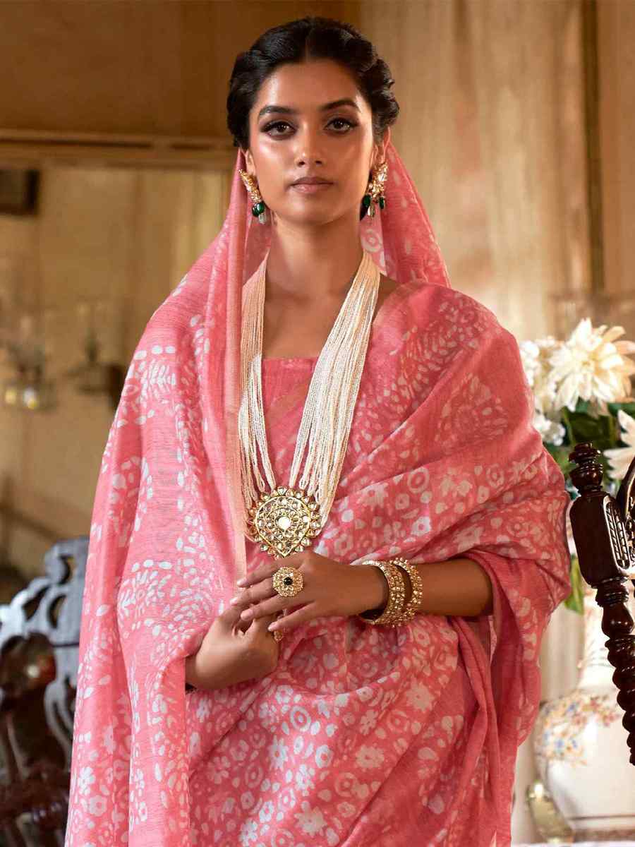 Pink Linen Cotton Printed Casual Festival Contemporary Saree