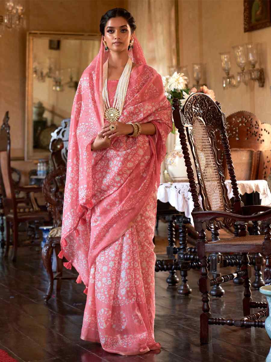 Pink Linen Cotton Printed Casual Festival Contemporary Saree