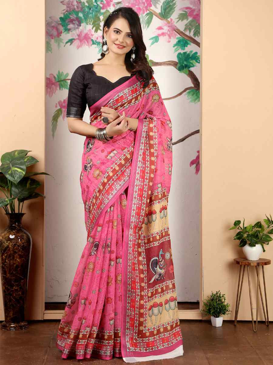 Pink Linen Cotton Printed Casual Festival Wedding Fancy Classic Style Sarees