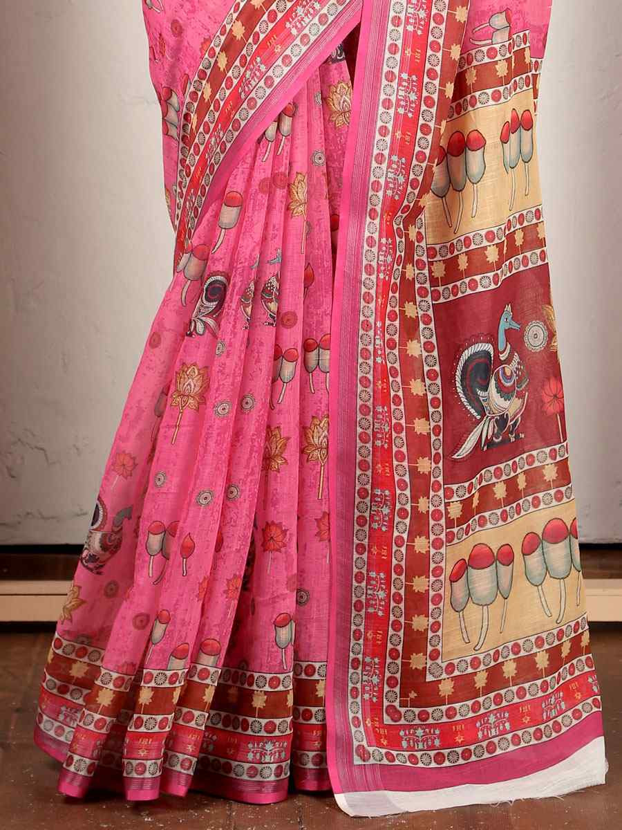 Pink Linen Cotton Printed Casual Festival Wedding Fancy Classic Style Sarees