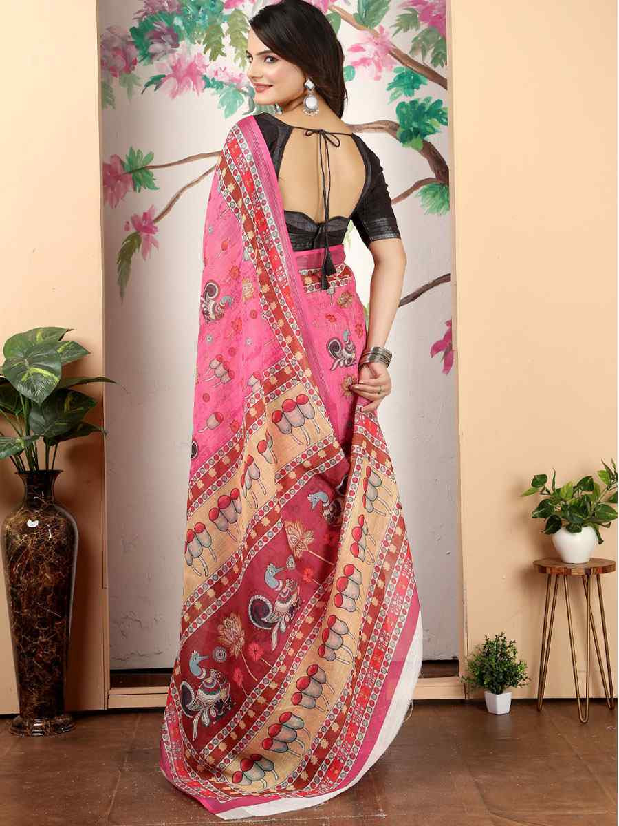 Pink Linen Cotton Printed Casual Festival Wedding Fancy Classic Style Sarees