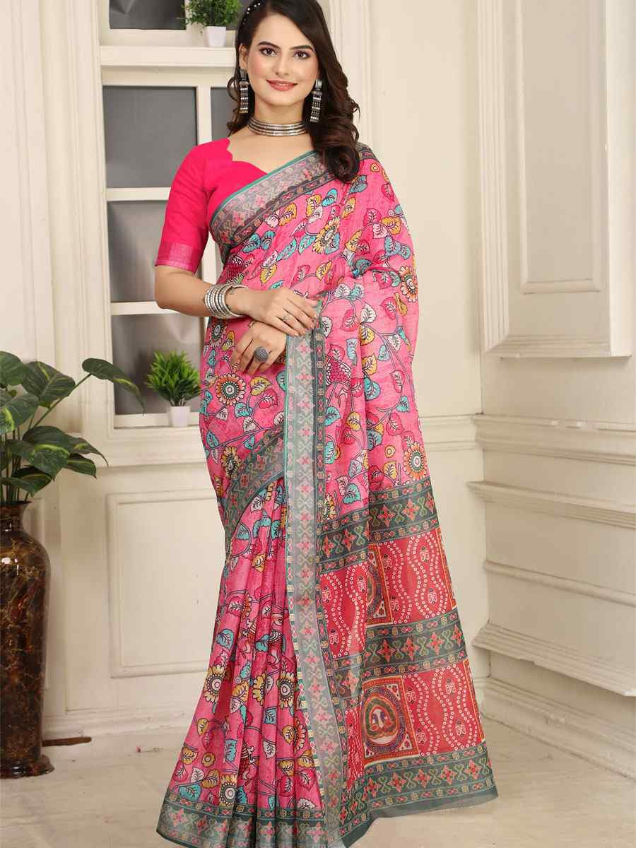 Pink Linen Cotton Printed Casual Festival Wedding Fancy Classic Style Sarees