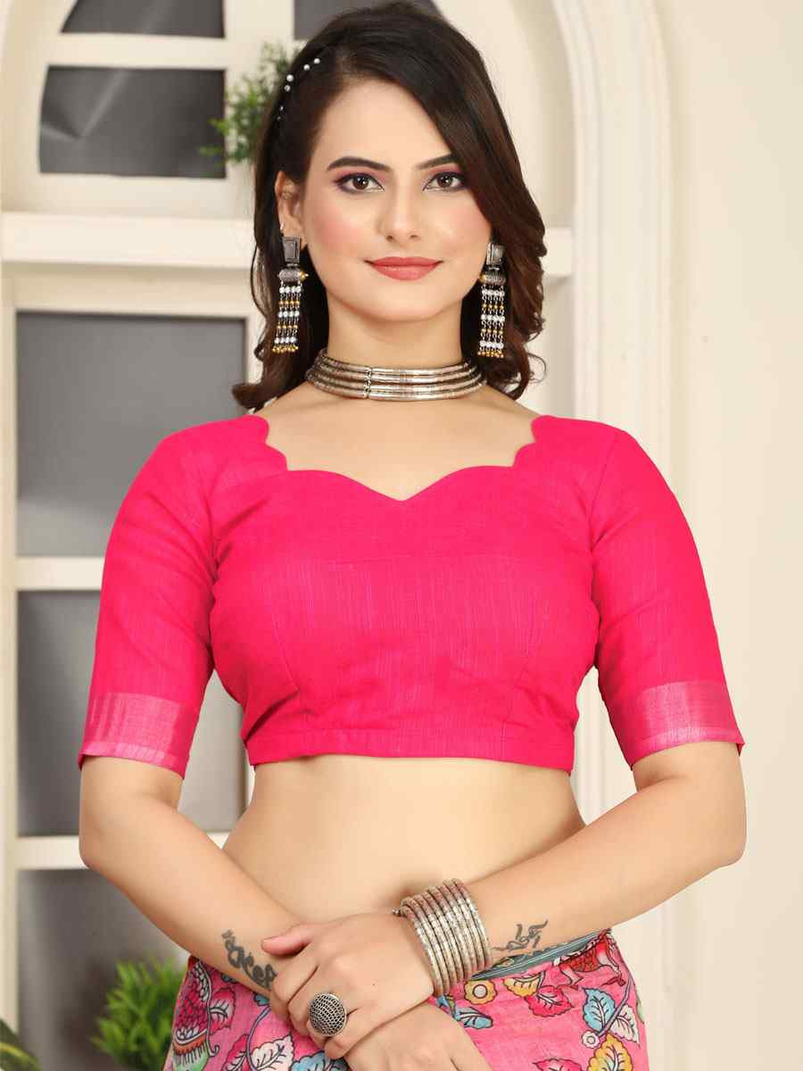 Pink Linen Cotton Printed Casual Festival Wedding Fancy Classic Style Sarees