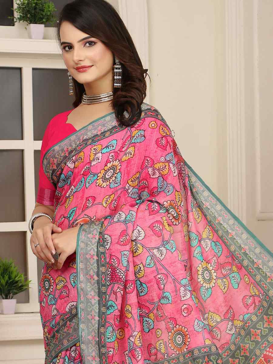 Pink Linen Cotton Printed Casual Festival Wedding Fancy Classic Style Sarees