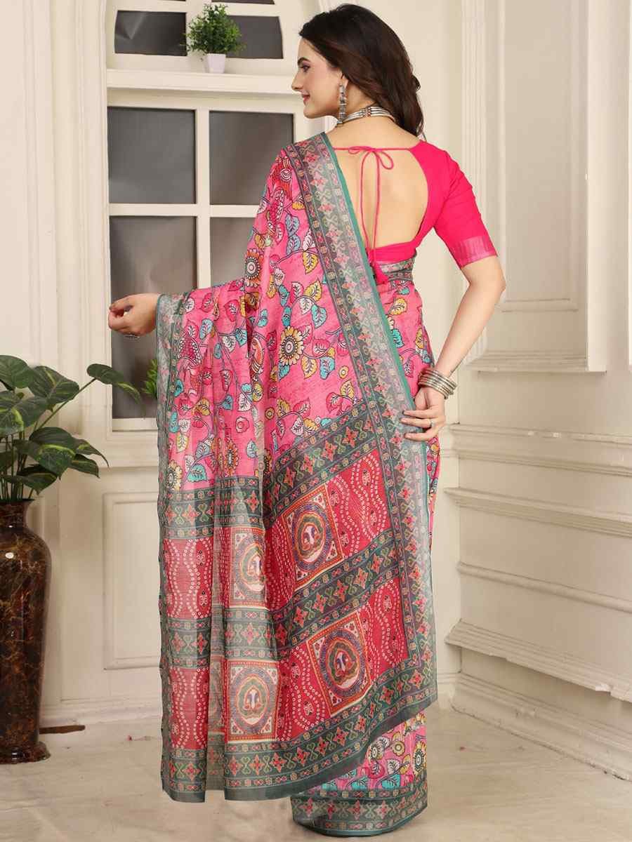 Pink Linen Cotton Printed Casual Festival Wedding Fancy Classic Style Sarees