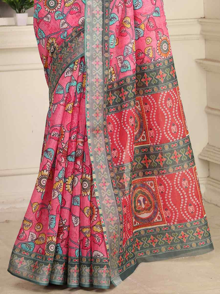 Pink Linen Cotton Printed Casual Festival Wedding Fancy Classic Style Sarees