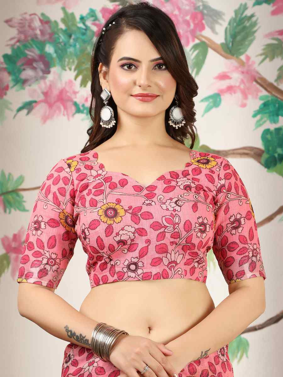 Pink Linen Cotton Printed Casual Festival Wedding Fancy Classic Style Sarees