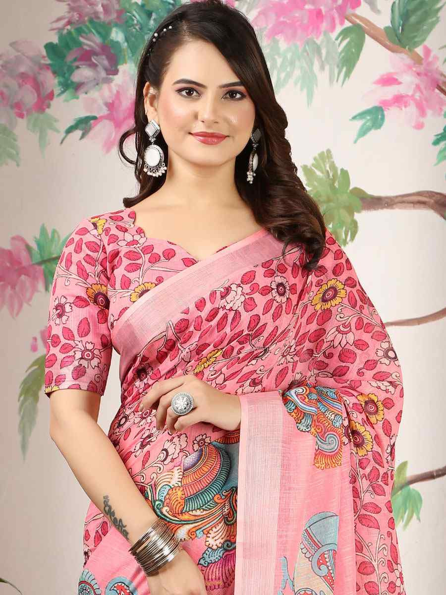 Pink Linen Cotton Printed Casual Festival Wedding Fancy Classic Style Sarees