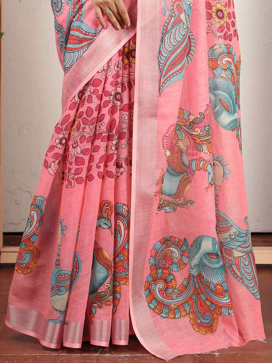 Pink Linen Cotton Printed Casual Festival Wedding Fancy Classic Style Sarees