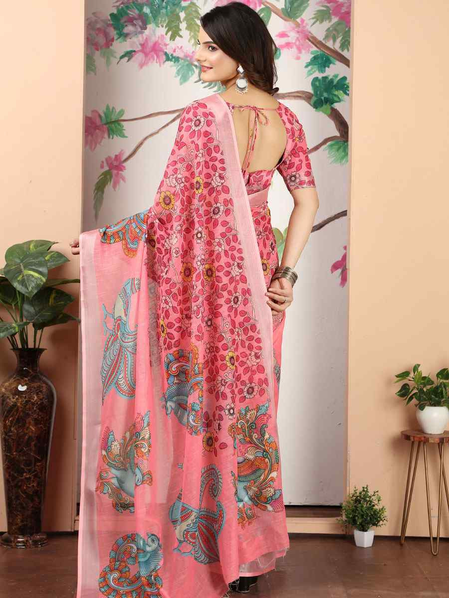 Pink Linen Cotton Printed Casual Festival Wedding Fancy Classic Style Sarees
