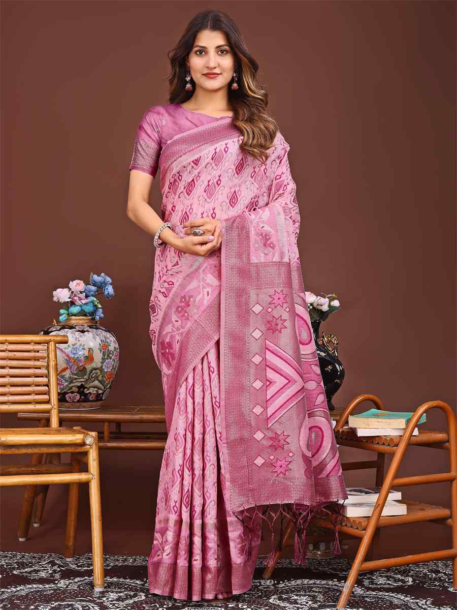 Pink Linen Cotton Printed Festival Wedding Fancy Heavy Border Saree