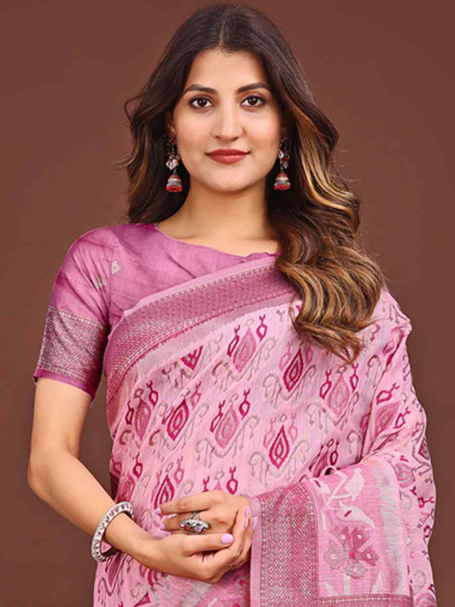 Pink Linen Cotton Printed Festival Wedding Fancy Heavy Border Saree