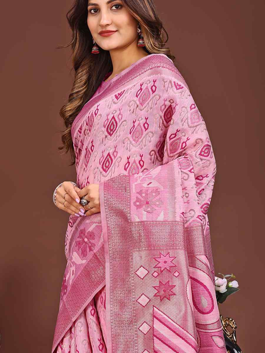 Pink Linen Cotton Printed Festival Wedding Fancy Heavy Border Saree